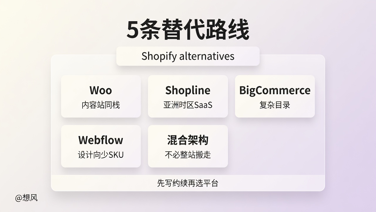 五条 Shopify 替代路线：Woo、Shopline、BigCommerce、Webflow、混合架构