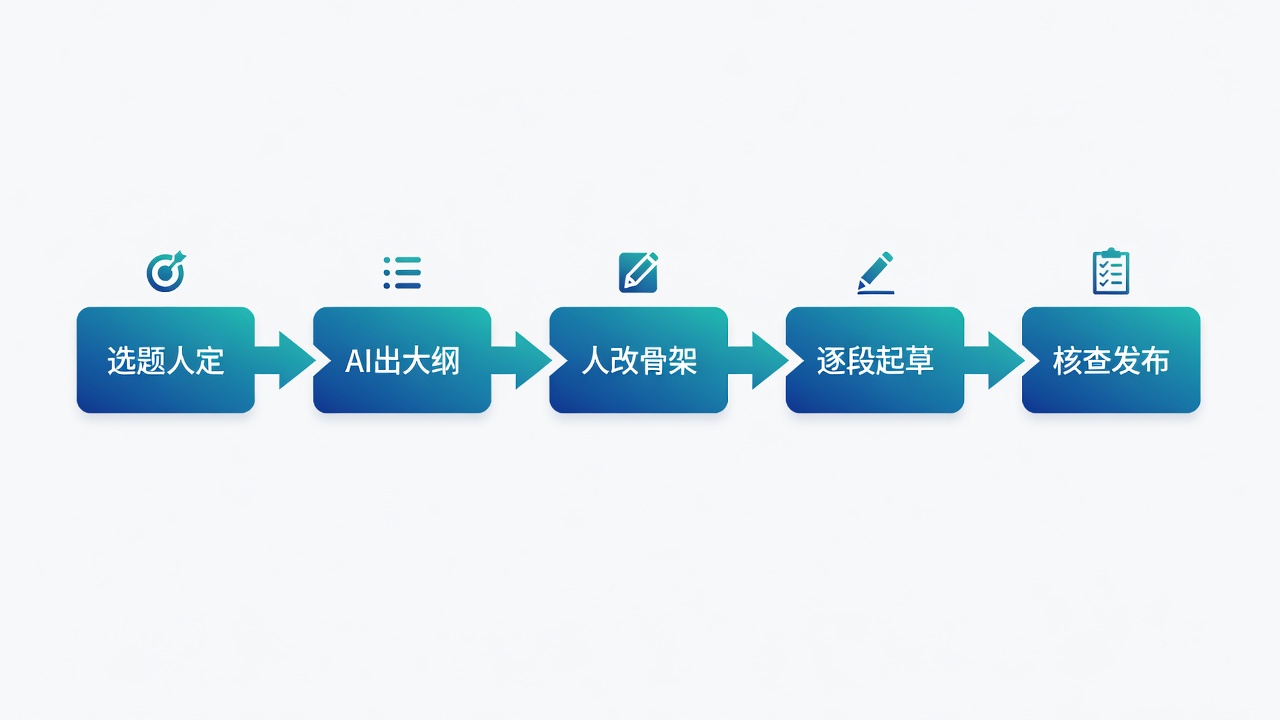 独立站 AI SEO 五步流程:选题人定、AI 出大纲、人改骨架、逐段起草、核查发布