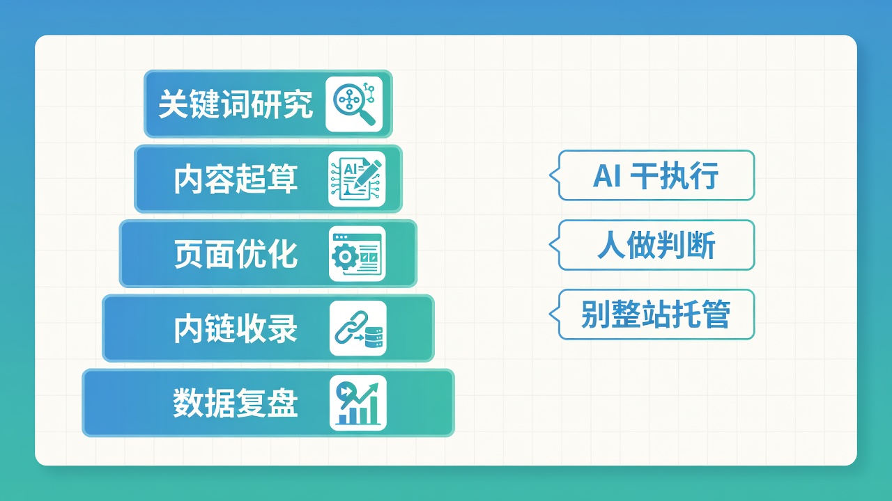 独立站 AI SEO 五层分工:关键词、起草、页面优化、内链、复盘