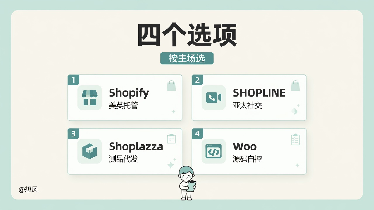 四个电商平台选项：Shopify 美英托管、SHOPLINE 亚太社交、Shoplazza 测品代发、Woo 源码自控