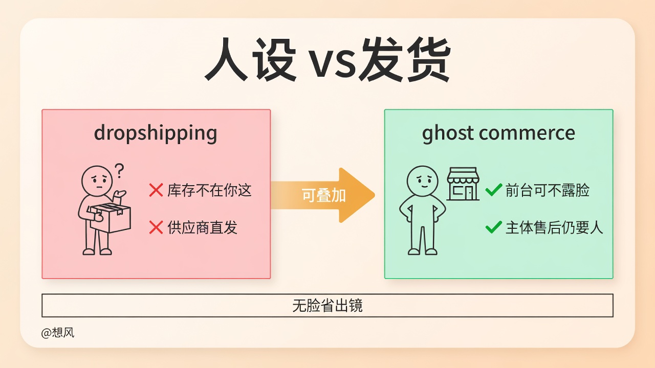 对照图：dropshipping 回答货谁发，ghost commerce 回答顾客要不要认识你