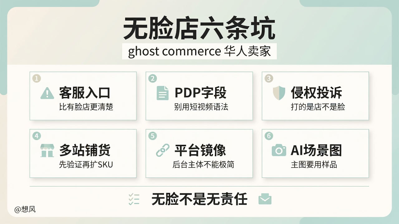 清单图：客服入口、PDP字段、侵权投诉、多站铺货、平台镜像、AI场景图
