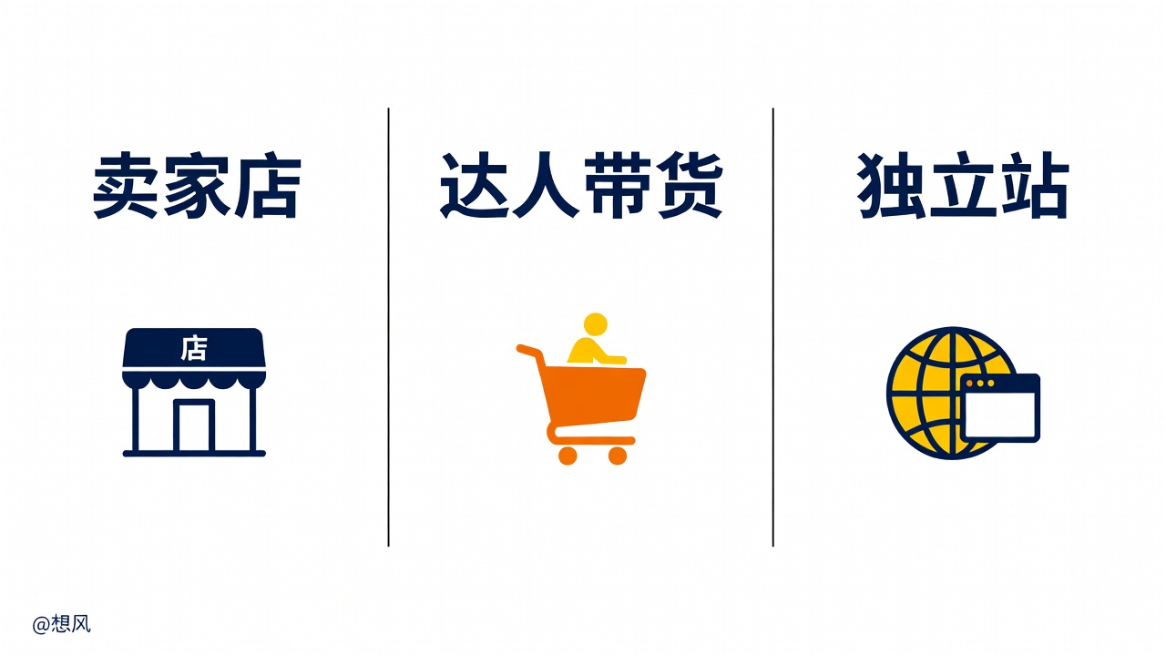 卖家店、达人带货、独立站三种角色对照